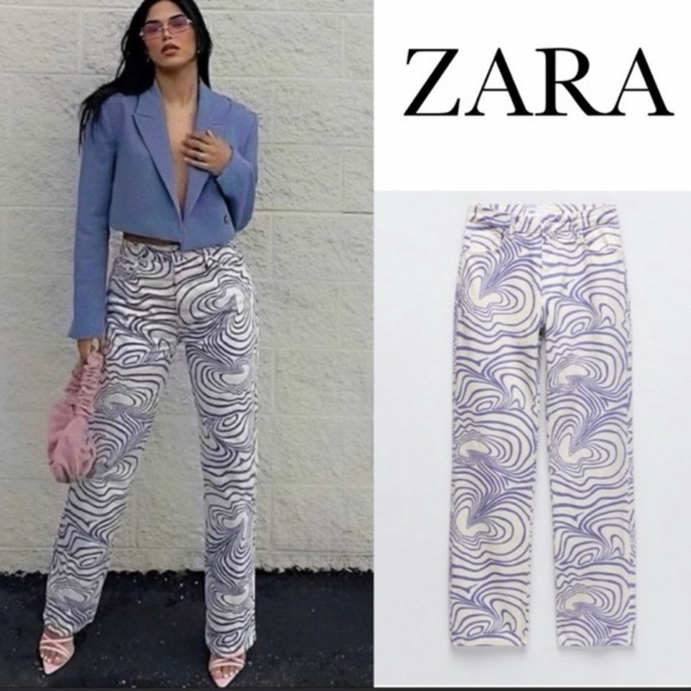NWT size 4 Zara Women's Cream and Purple Patterned Pants